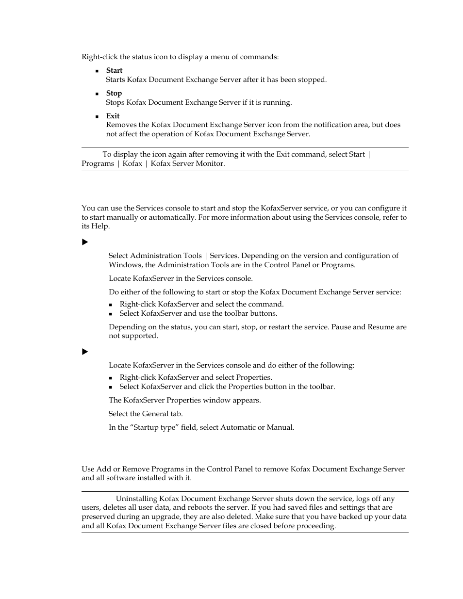 Using the services console, Uninstalling kofax document exchange server | Kofax Document Exchange Server 2.5 User Manual | Page 22 / 24