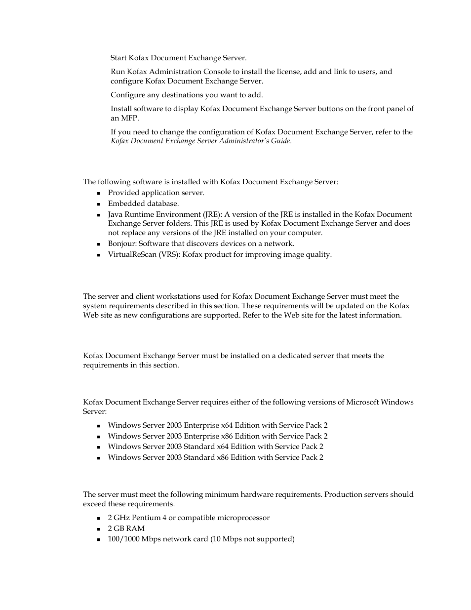 System requirements, Server requirements, Operating system | Minimum hardware requirements, Operating system minimum hardware requirements | Kofax Document Exchange Server 2.5 User Manual | Page 7 / 24