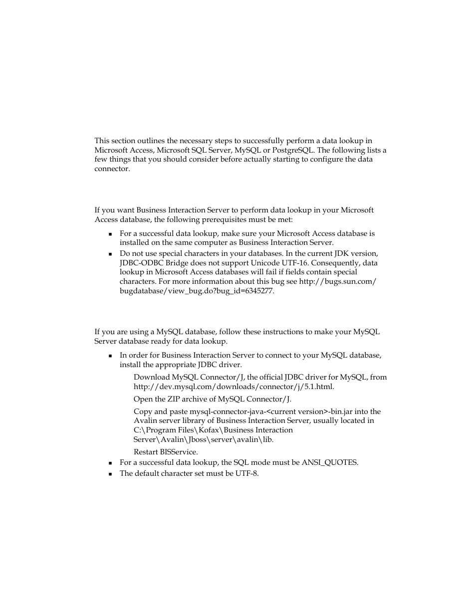 Considerations for microsoft access, Considerations for mysql | Kofax Business Interaction Server User Manual | Page 14 / 34