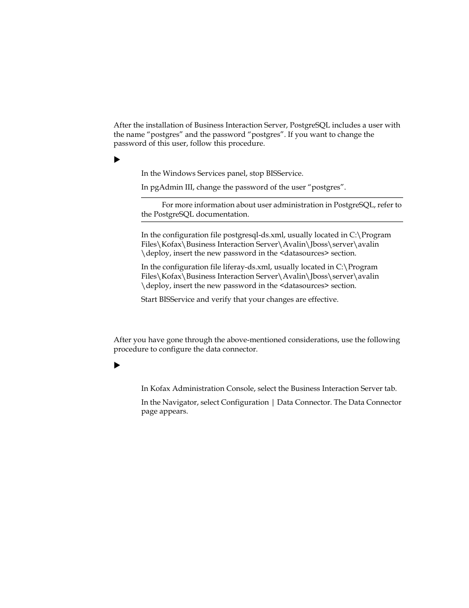 Considerations for postgresql, Configuring the data connector | Kofax Business Interaction Server User Manual | Page 15 / 34