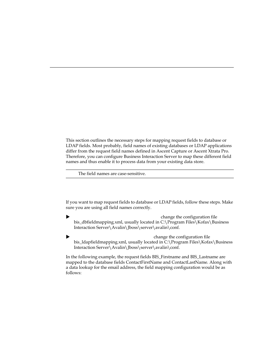 Mapping request fields to database or ldap fields, Introduction, Configuration | Introduction configuration, Chapter 4 | Kofax Business Interaction Server User Manual | Page 21 / 34