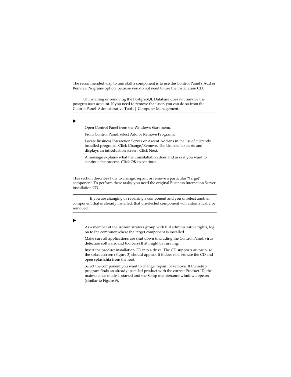 Uninstalling components, Changing, repairing, or removing components | Kofax Business Interaction Server User Manual | Page 20 / 22
