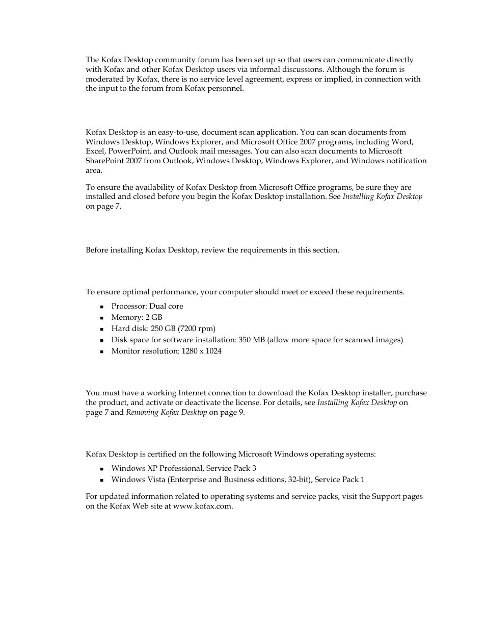 Overview, System requirements, Recommended computer hardware | Internet connection, Certified operating systems, Overview system requirements | Kofax Desktop 1.0 User Manual | Page 6 / 9