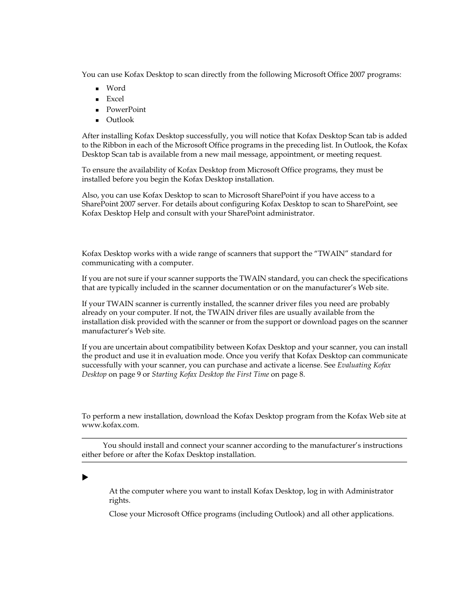 Integration with microsoft products, Scanners, Installing kofax desktop | Integration with microsoft products scanners | Kofax Desktop 1.0 User Manual | Page 7 / 9