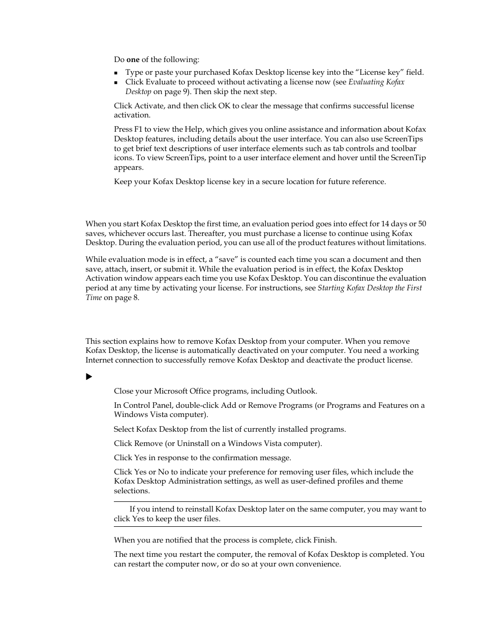 Evaluating kofax desktop, Removing kofax desktop | Kofax Desktop 1.0 User Manual | Page 9 / 9