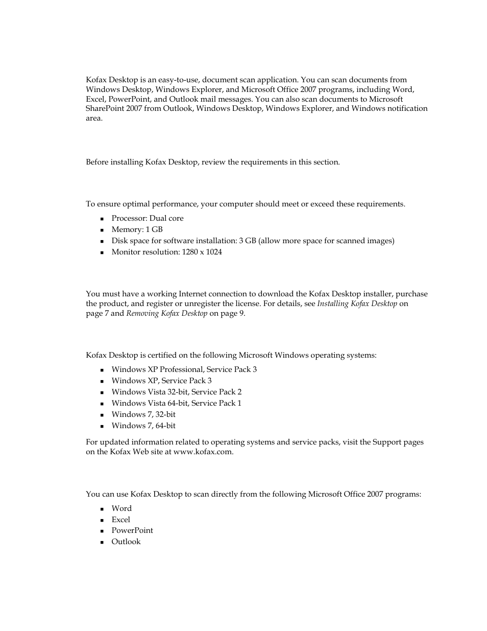 Overview, System requirements, Recommended computer hardware | Internet connection, Certified operating systems, Integration with microsoft programs, Overview system requirements | Kofax Desktop 2.0 User Manual | Page 6 / 12