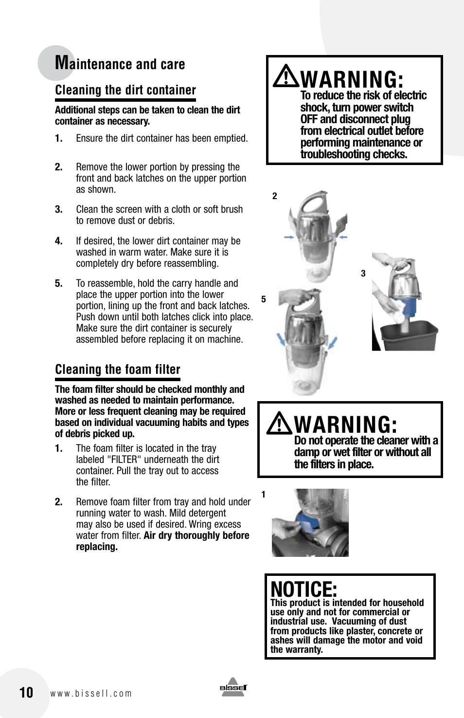Warning, Notice, Aintenance and care | Bissell 6100 User Manual | Page 10 / 20