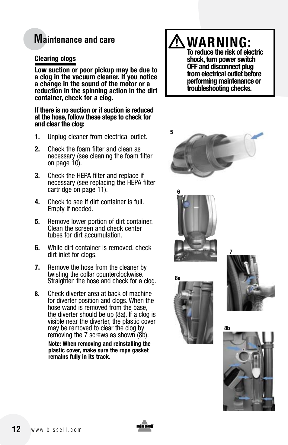 Warning, Aintenance and care 12 | Bissell 6100 User Manual | Page 12 / 20