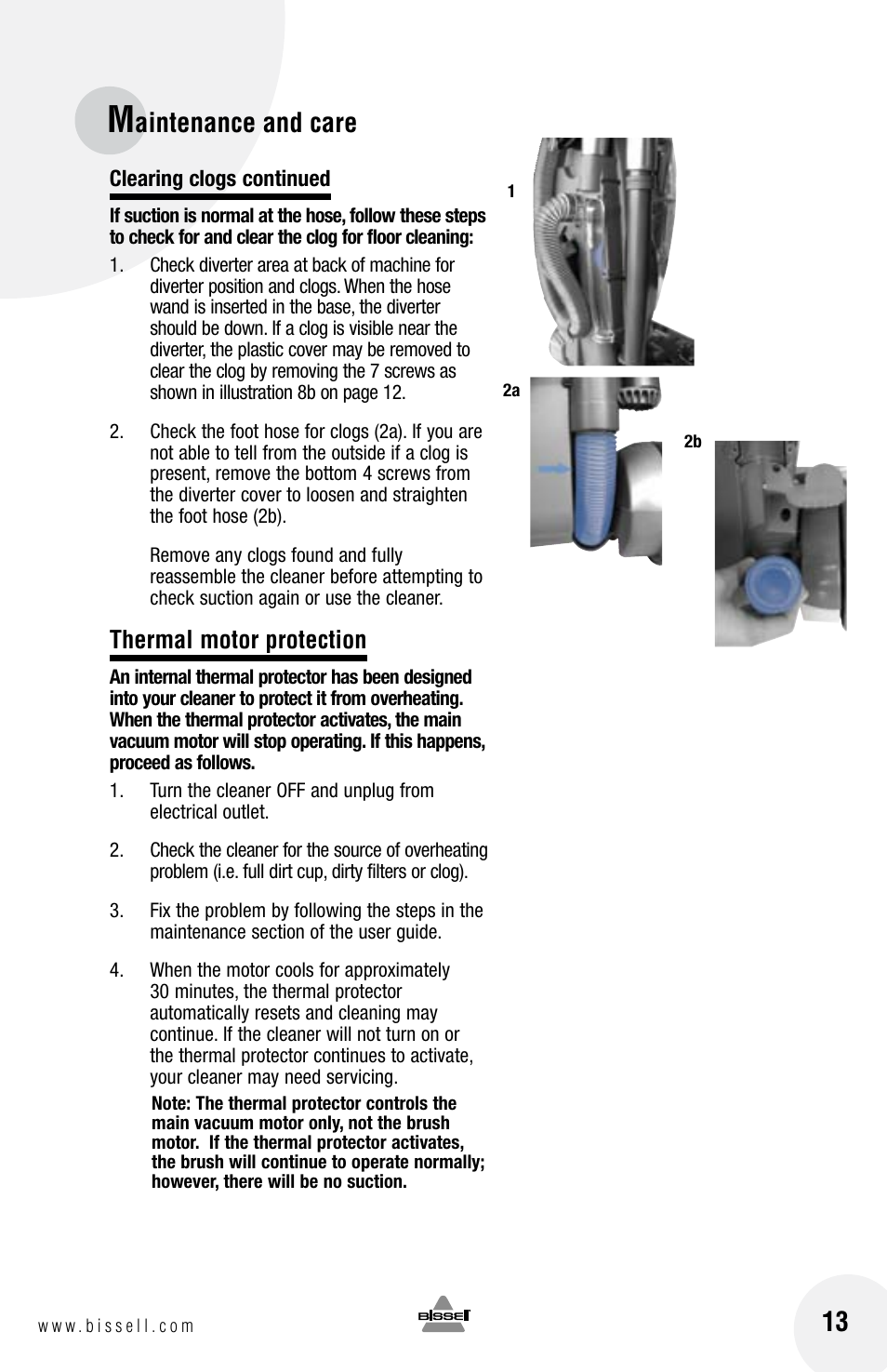 Aintenance and care, Thermal motor protection | Bissell 6100 User Manual | Page 13 / 20