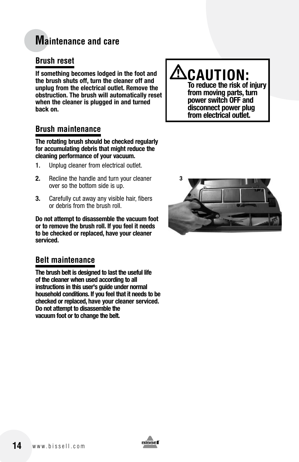 Caution, Aintenance and care | Bissell 6100 User Manual | Page 14 / 20