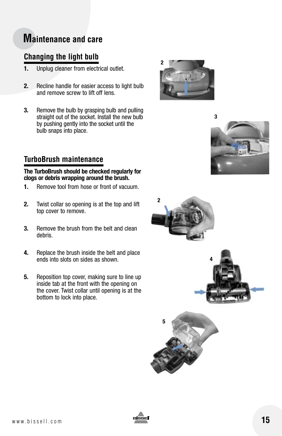 Aintenance and care, Changing the light bulb, Turbobrush maintenance | Bissell 6100 User Manual | Page 15 / 20