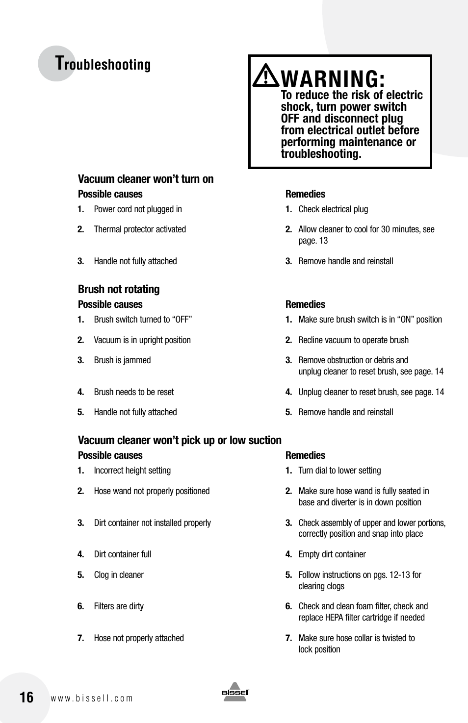 Warning, Roubleshooting | Bissell 6100 User Manual | Page 16 / 20