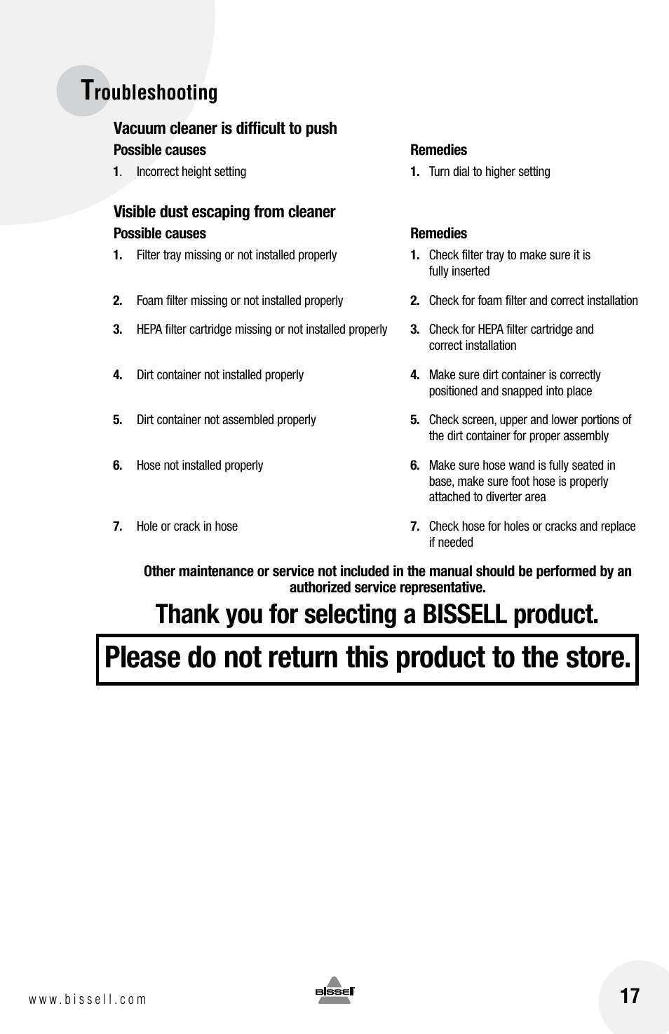 Please do not return this product to the store, Roubleshooting 17 | Bissell 6100 User Manual | Page 17 / 20