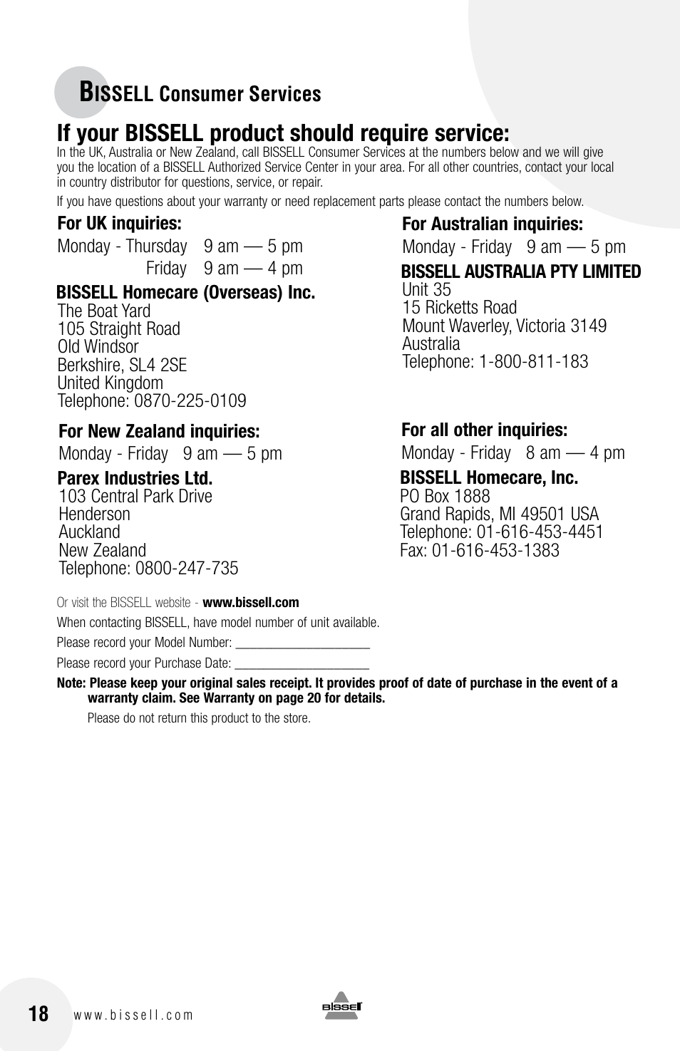If your bissell product should require service | Bissell 6100 User Manual | Page 18 / 20