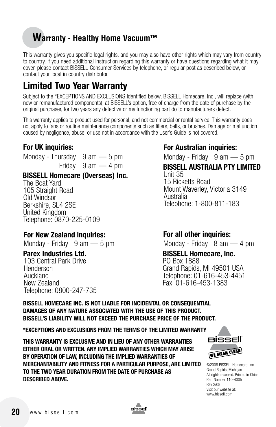 Limited two year warranty | Bissell 6100 User Manual | Page 20 / 20