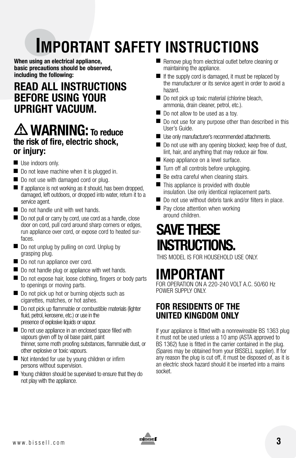 Mportant safety instructions, Warning, Save these instructions | Important, For residents of the united kingdom only | Bissell 6100 User Manual | Page 3 / 20