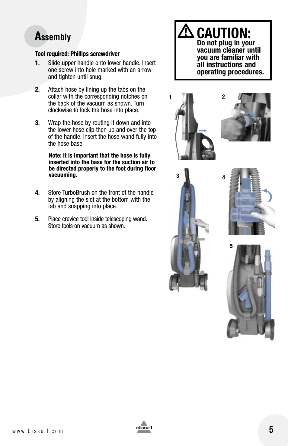 Caution, Ssembly | Bissell 6100 User Manual | Page 5 / 20