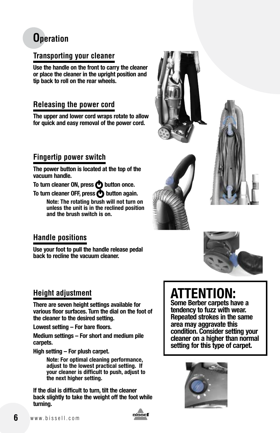 Attention, Peration 6 | Bissell 6100 User Manual | Page 6 / 20