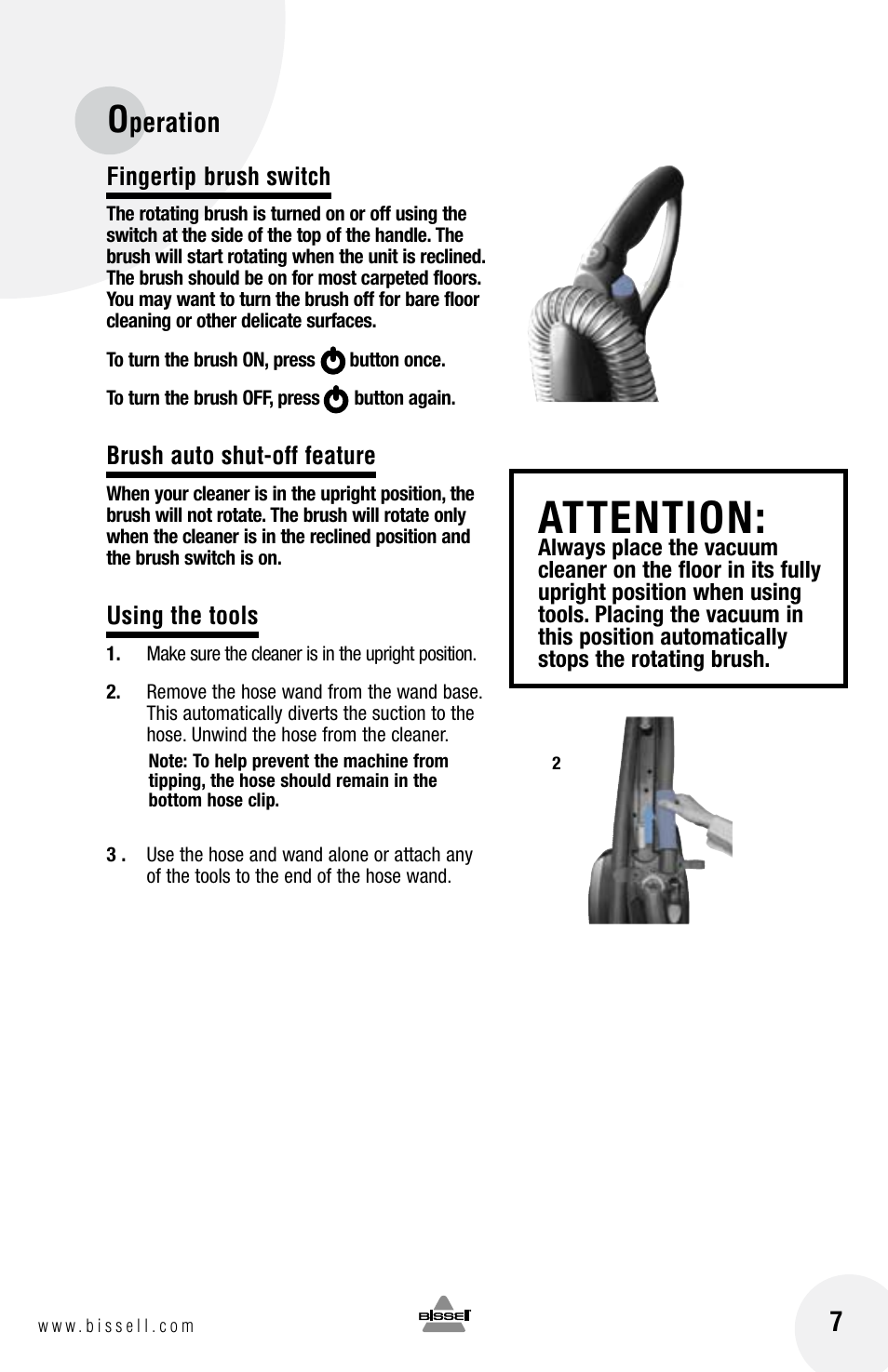 Attention, Peration 7 | Bissell 6100 User Manual | Page 7 / 20