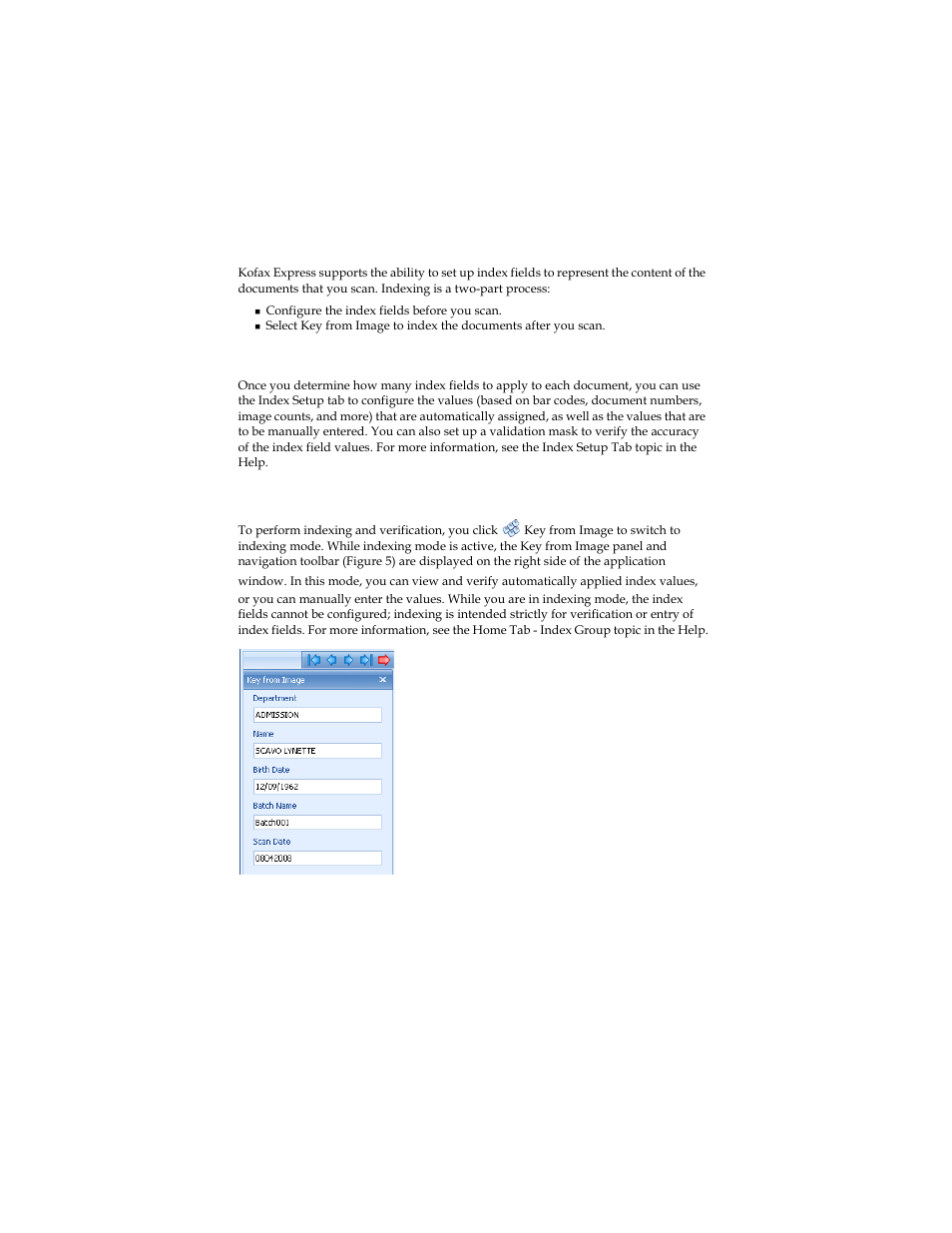 Indexing documents, Configuring index fields, Selecting key from image to index documents | Kofax Express 1.0 User Manual | Page 12 / 17