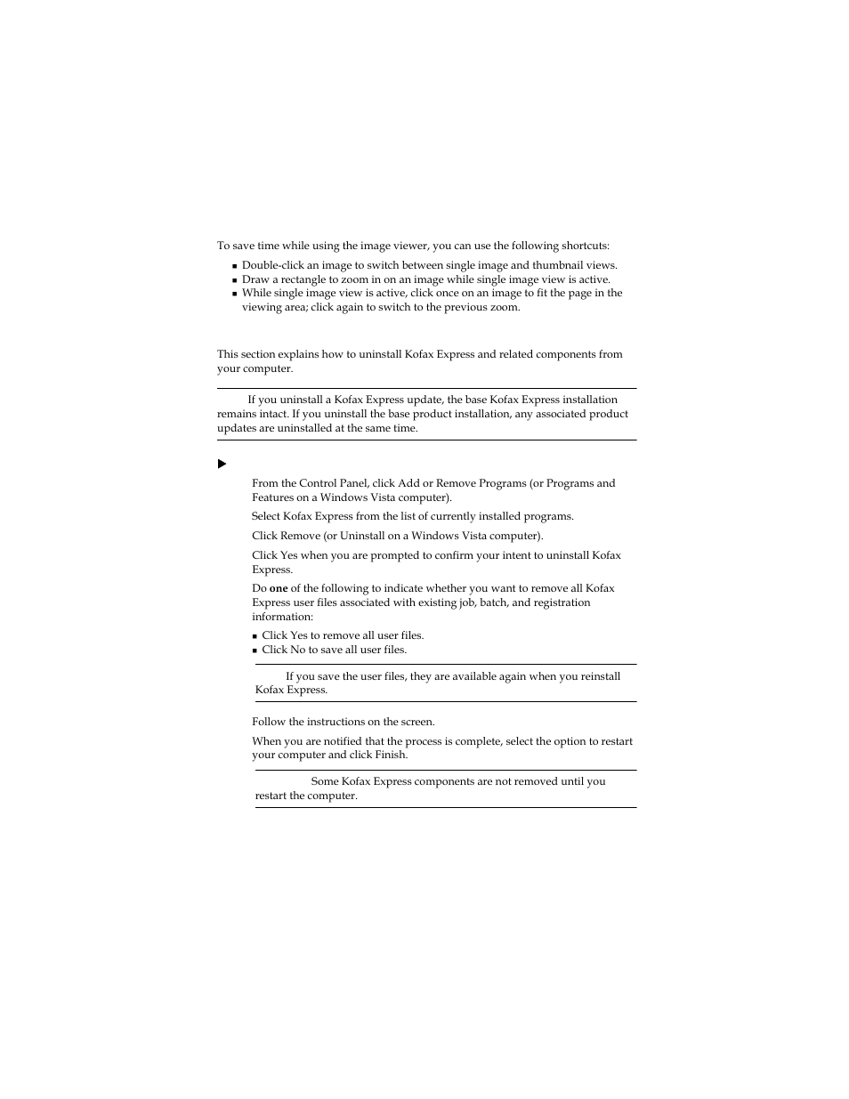 Image viewer shortcuts, Uninstalling kofax express | Kofax Express 1.0 User Manual | Page 15 / 17