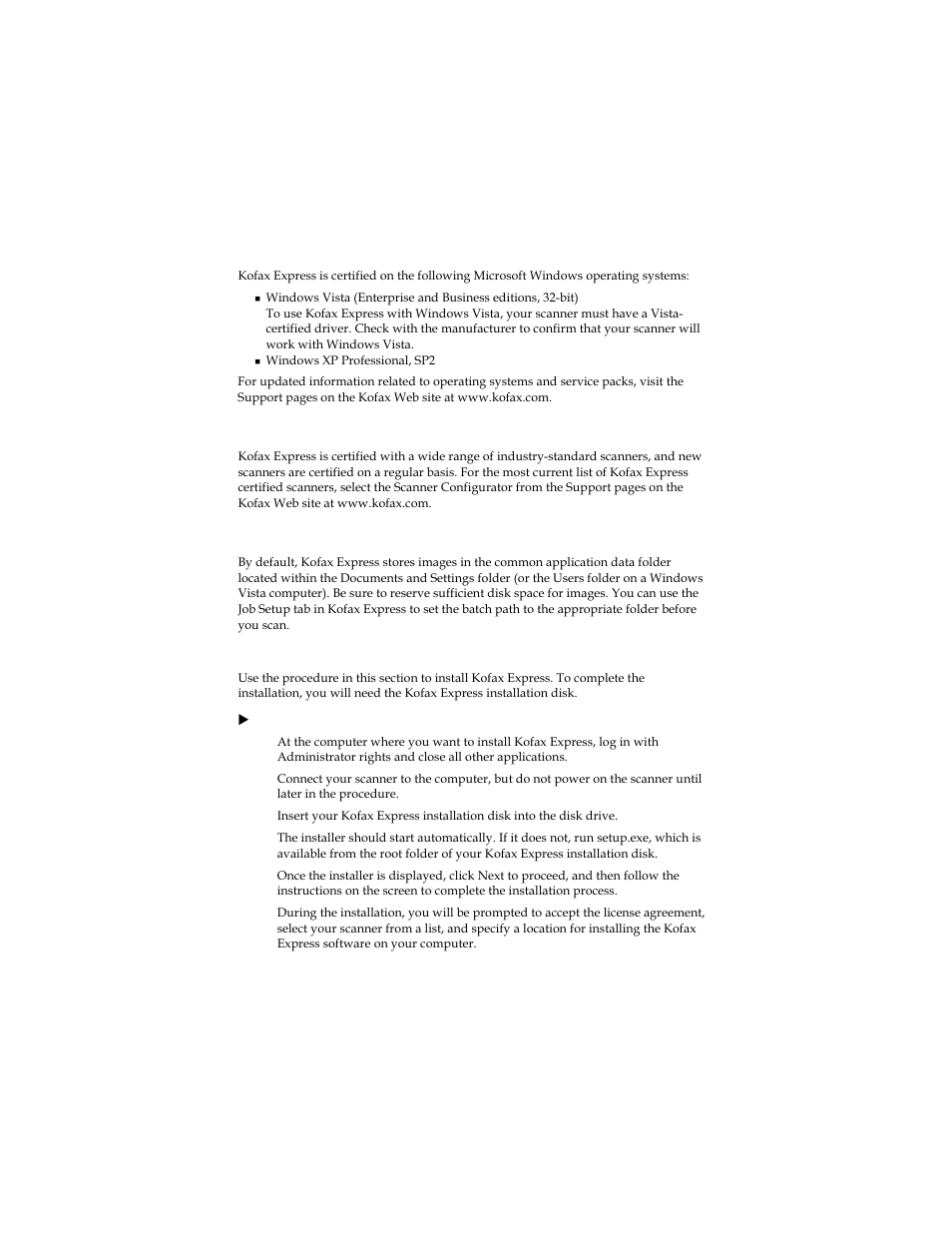 Certified operating systems, Certified scanners, Image storage | Installation | Kofax Express 1.0 User Manual | Page 6 / 17
