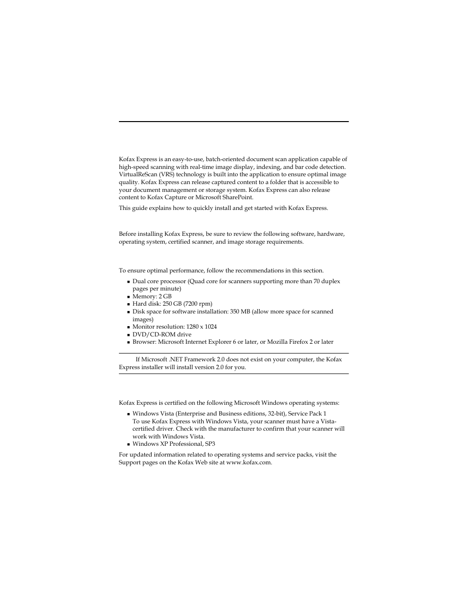 Welcome to kofax express, Introduction, System requirements | Recommended hardware and software, Certified operating systems, Introduction system requirements, Welcome to kofax, Express | Kofax Express 1.1 User Manual | Page 5 / 21