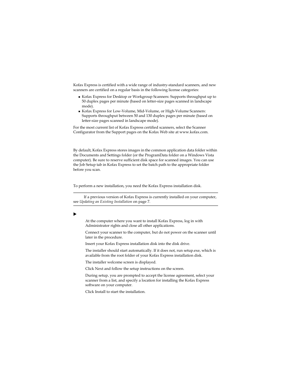 Certified scanners, Image storage, Performing a new installation | Kofax Express 1.1 User Manual | Page 6 / 21