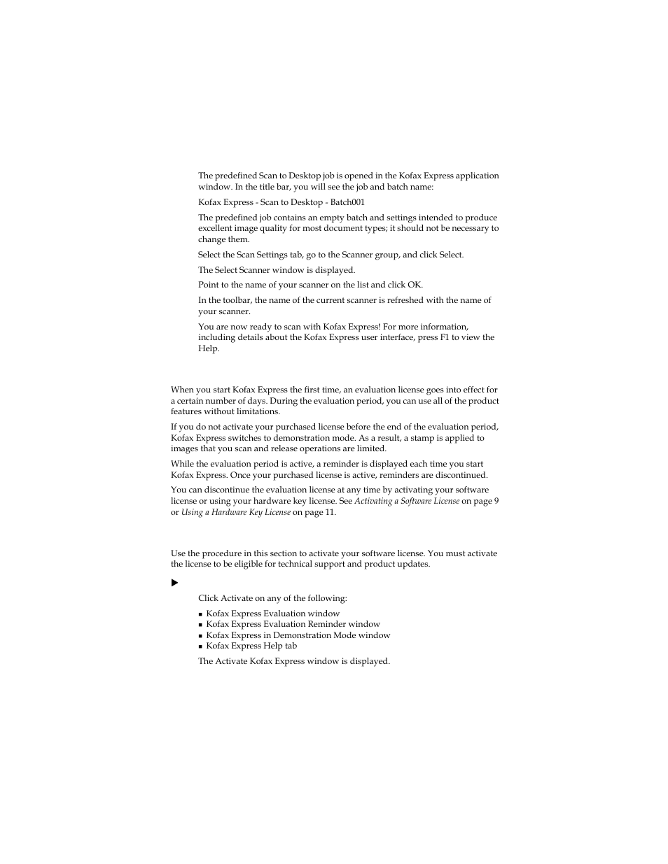Using an evaluation license, Activating a software license | Kofax Express 1.1 User Manual | Page 9 / 21
