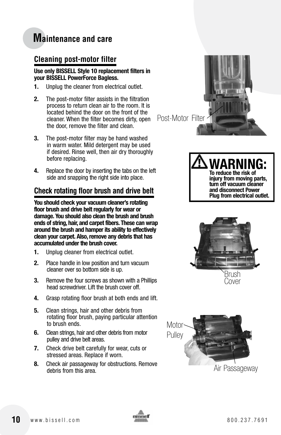 Warning, Aintenance and care, Post-motor filter | Motor pulley air passageway brush cover | Bissell Powerforce bagless 6583 series User Manual | Page 10 / 16