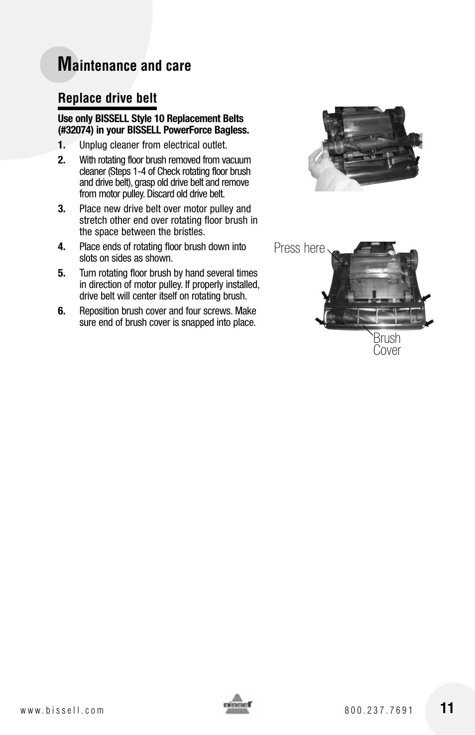 Aintenance and care press here brush cover | Bissell Powerforce bagless 6583 series User Manual | Page 11 / 16