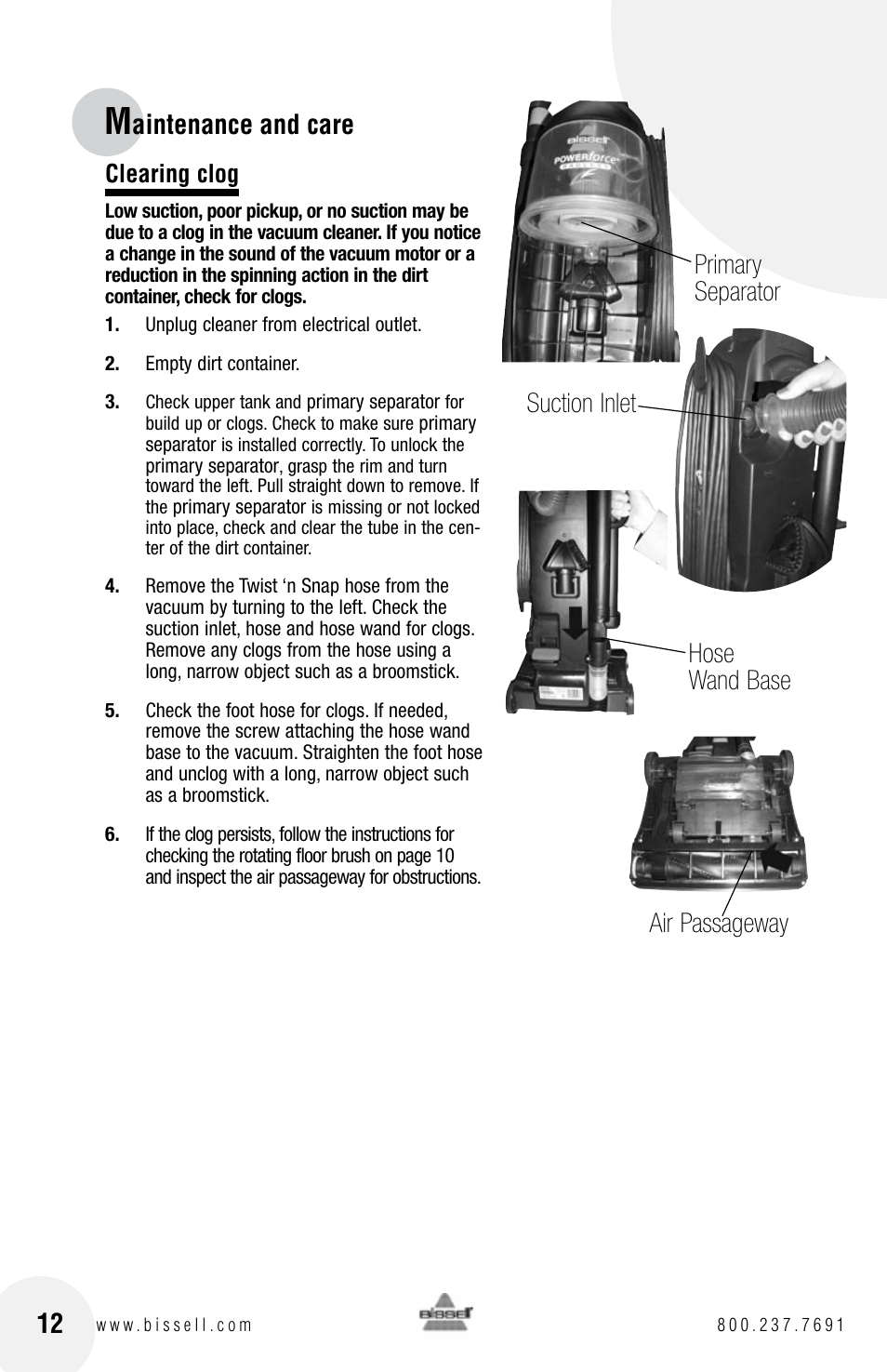 Clearing clog | Bissell Powerforce bagless 6583 series User Manual | Page 12 / 16