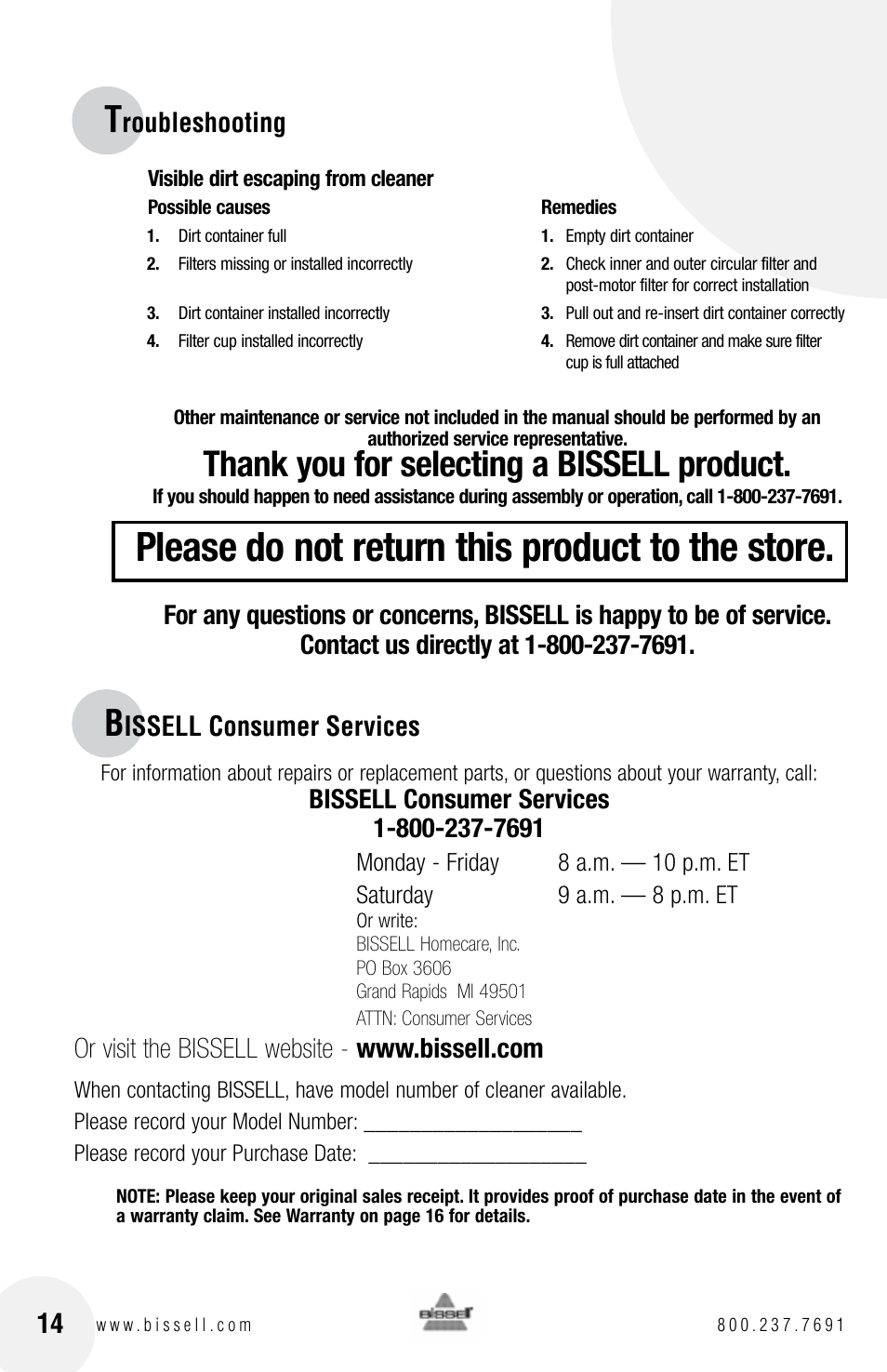 Please do not return this product to the store | Bissell Powerforce bagless 6583 series User Manual | Page 14 / 16
