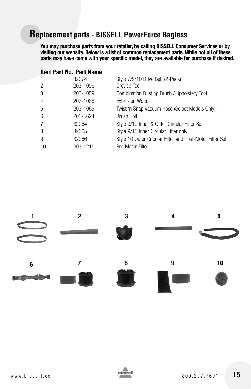Eplacement parts - bissell powerforce bagless | Bissell Powerforce bagless 6583 series User Manual | Page 15 / 16