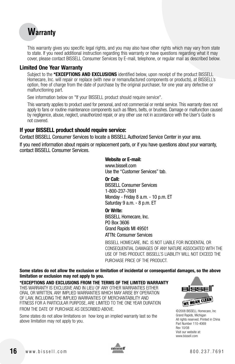 Arranty | Bissell Powerforce bagless 6583 series User Manual | Page 16 / 16