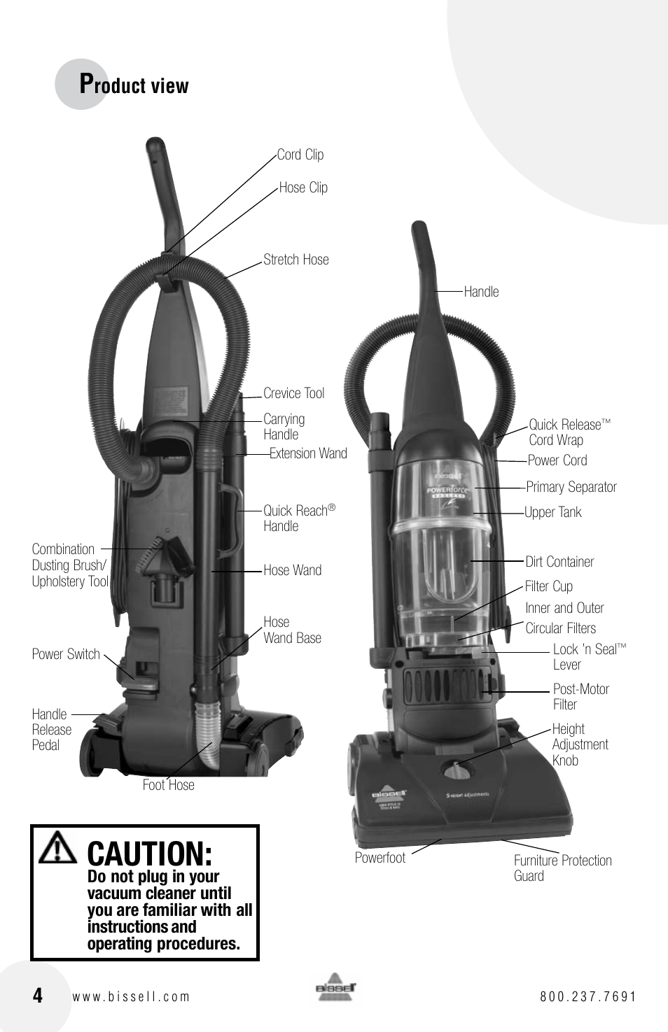 Caution, Roduct view | Bissell Powerforce bagless 6583 series User Manual | Page 4 / 16