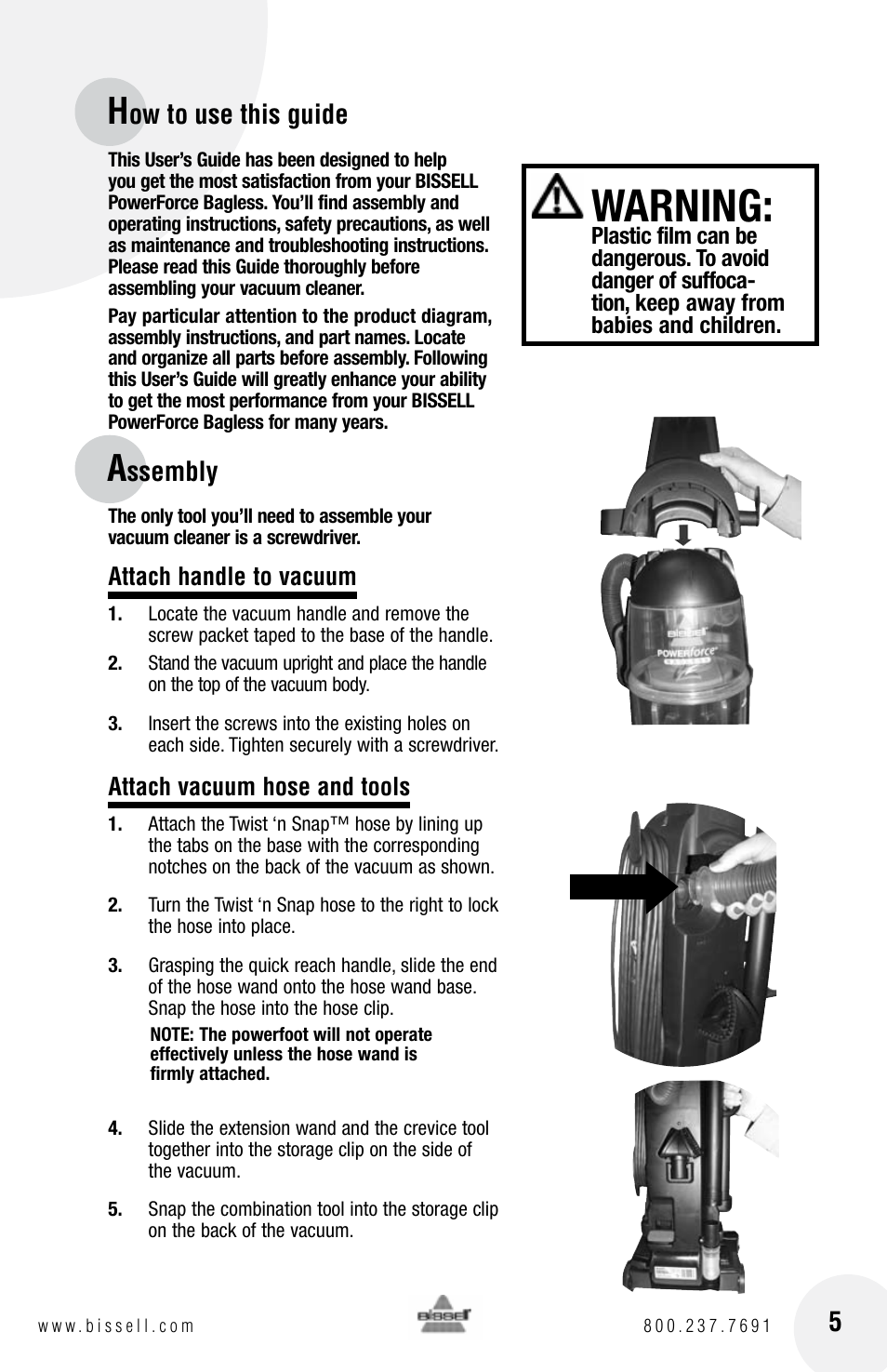 Warning, Ow to use this guide, Ssembly | Bissell Powerforce bagless 6583 series User Manual | Page 5 / 16