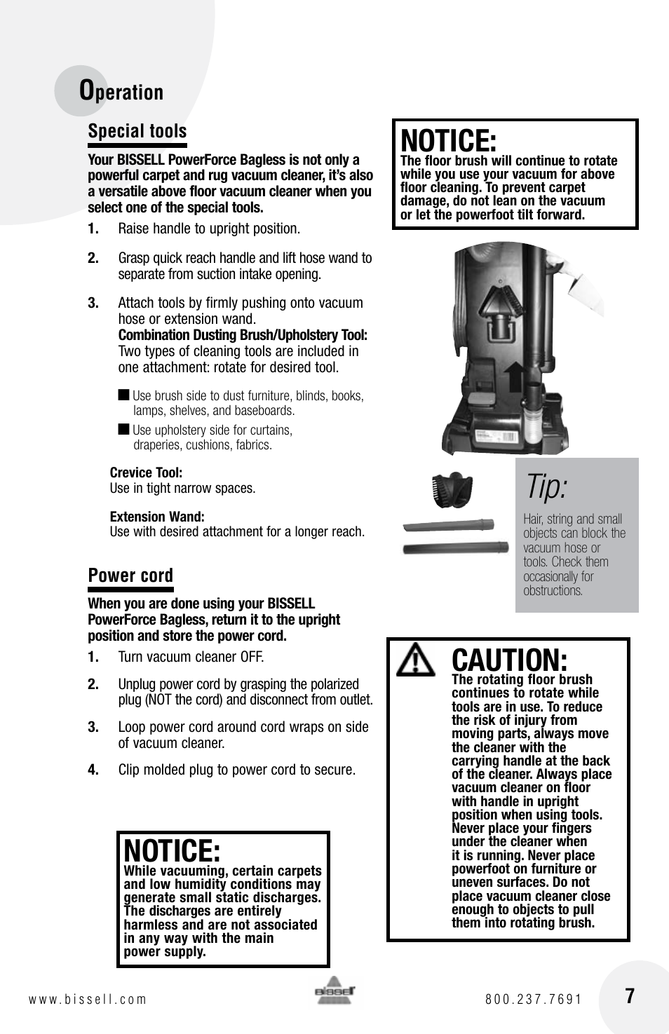 Notice, Caution, Peration | Bissell Powerforce bagless 6583 series User Manual | Page 7 / 16