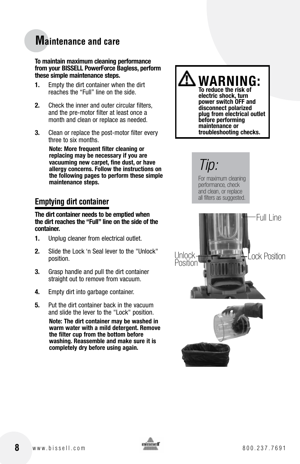 Warning, Aintenance and care, Lock position full line unlock position | Bissell Powerforce bagless 6583 series User Manual | Page 8 / 16