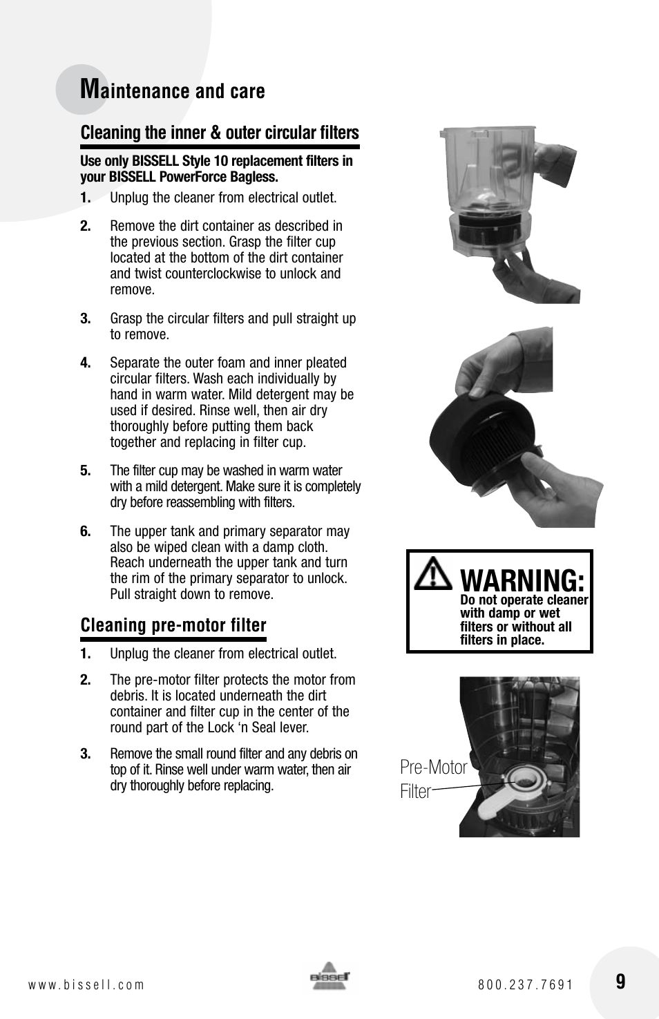 Warning, Aintenance and care 9, Pre-motor filter | Bissell Powerforce bagless 6583 series User Manual | Page 9 / 16