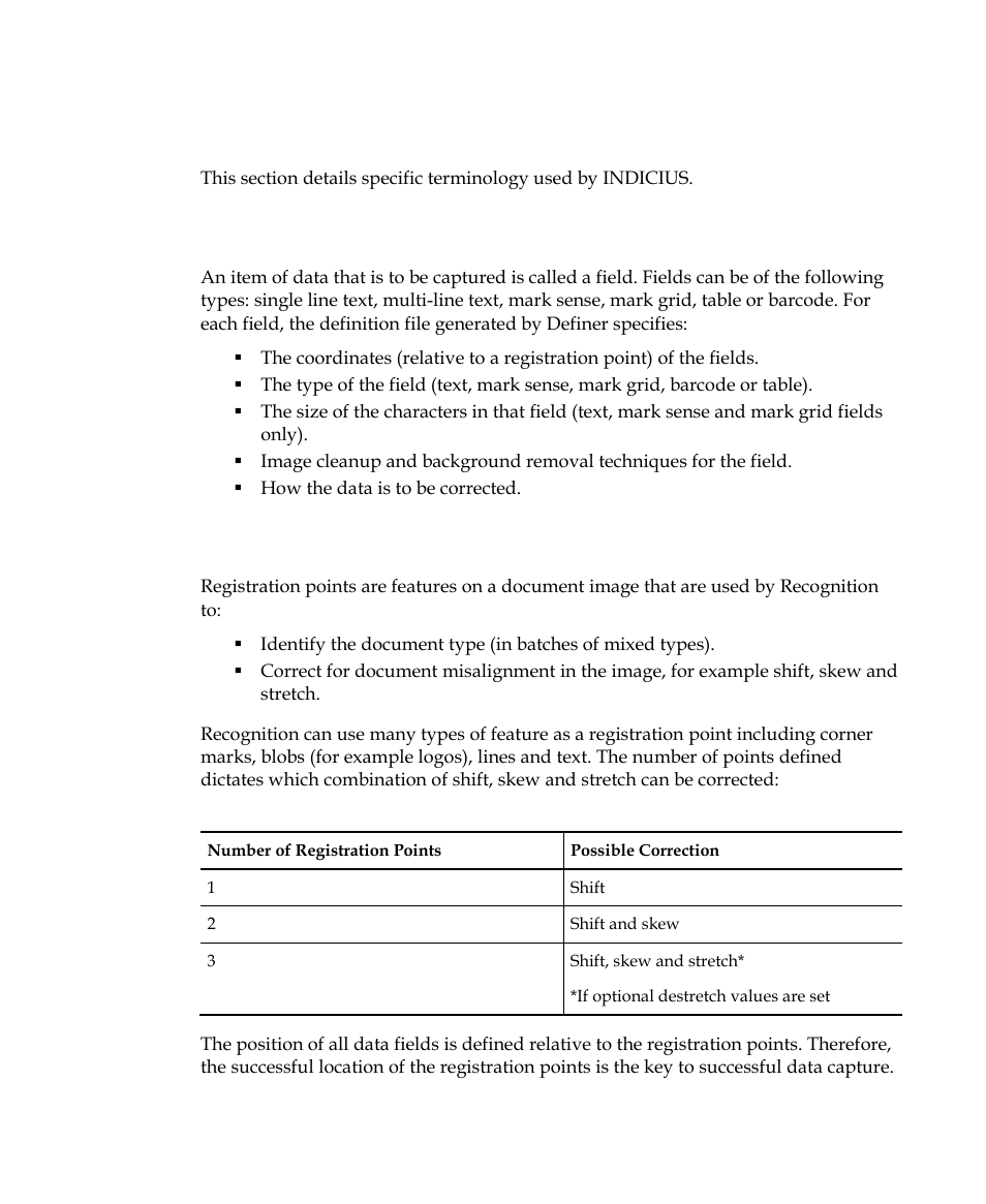 Some important terminology, Fields, Registration points | Kofax INDICIUS 6.0 User Manual | Page 37 / 104