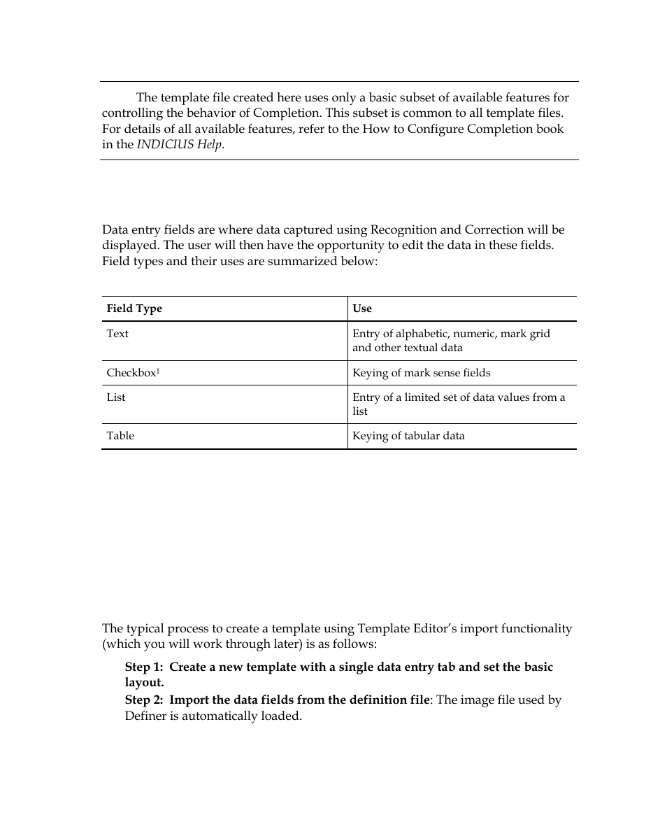 Data entry fields, Creating a template, Using import | Kofax INDICIUS 6.0 User Manual | Page 74 / 104