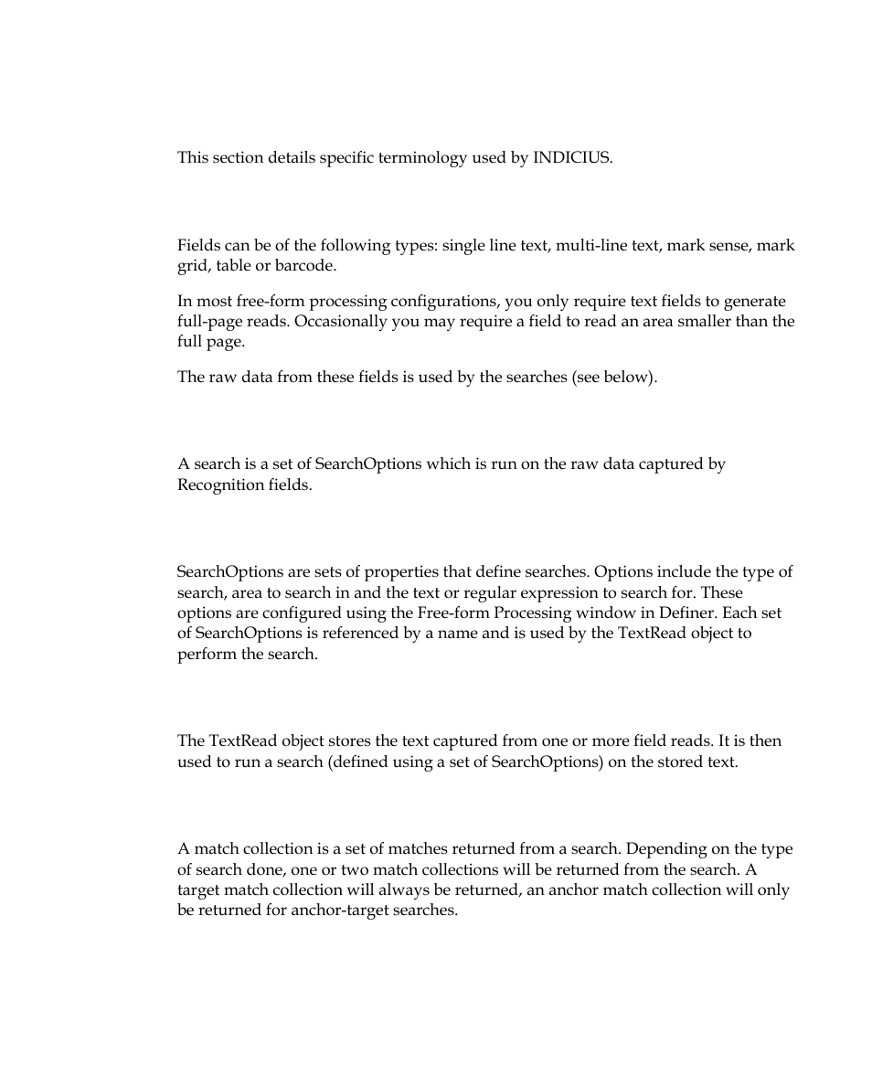 Some important terminology, Field, Search | Searchoptions, Textread, Match collection | Kofax INDICIUS 6.0 User Manual | Page 37 / 105