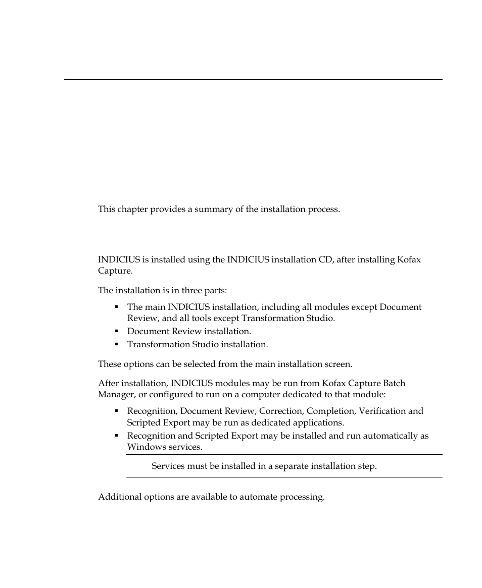 Overview, Introduction, How is indicius installed | Chapter 1 | Kofax INDICIUS 6.0 User Manual | Page 11 / 48