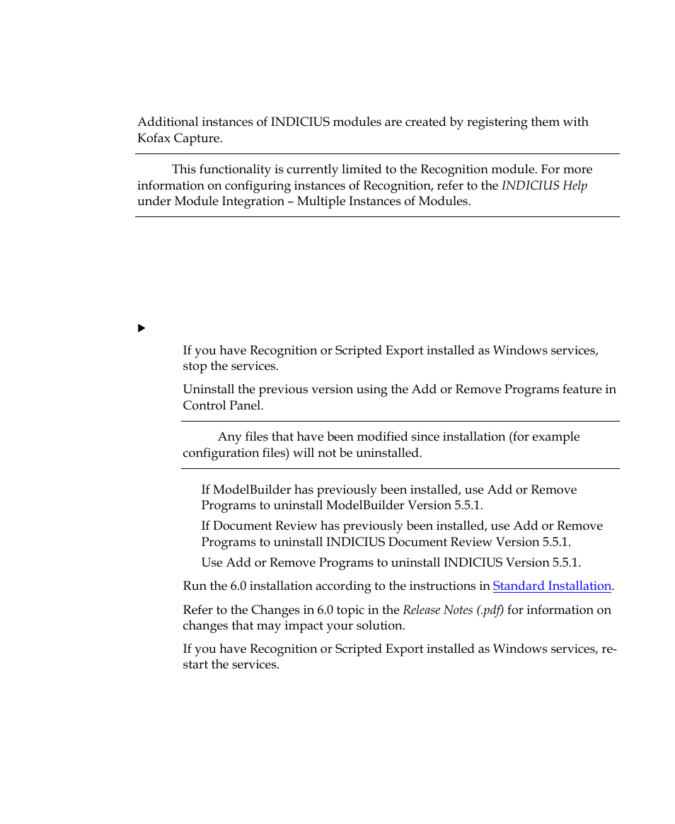 Creating additional instances of indicius modules, Upgrade instructions, 1 to 6.0 | Kofax INDICIUS 6.0 User Manual | Page 31 / 48