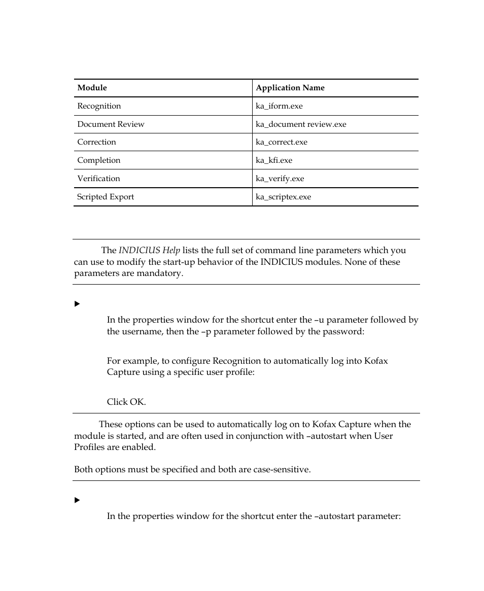 Command line parameters | Kofax INDICIUS 6.0 User Manual | Page 36 / 48