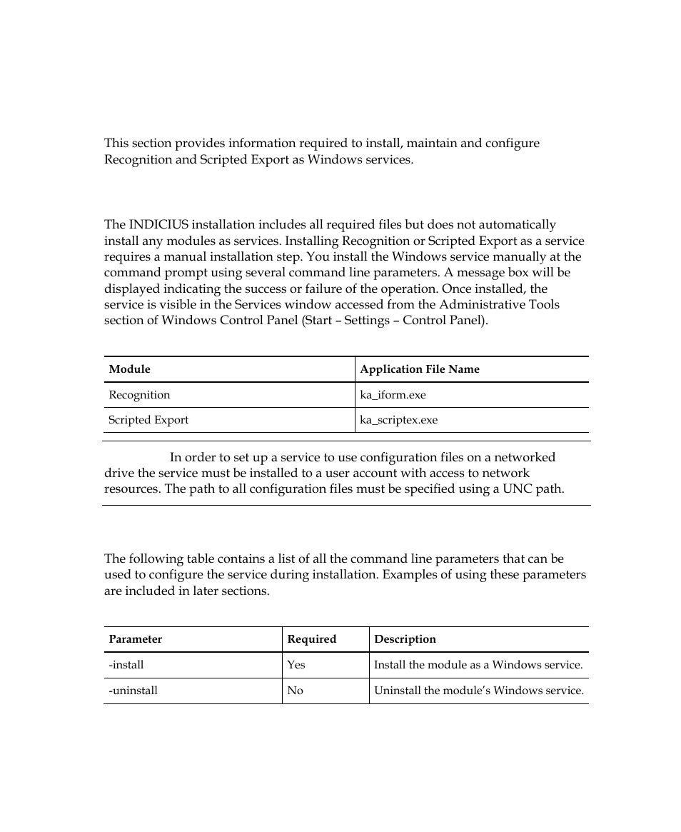 Windows services, Installing a single windows service | Kofax INDICIUS 6.0 User Manual | Page 38 / 48