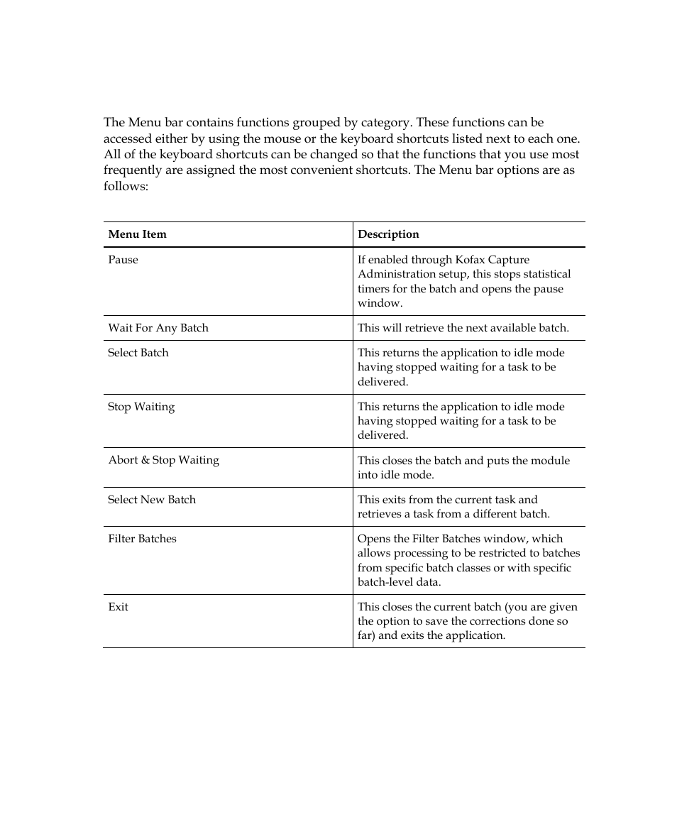 Menu bar | Kofax INDICIUS 6.0 User Manual | Page 104 / 120
