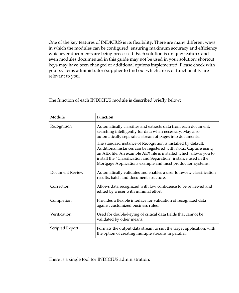 System alterations, What are the indicius modules, What are the indicius administration tools | Kofax INDICIUS 6.0 User Manual | Page 15 / 120