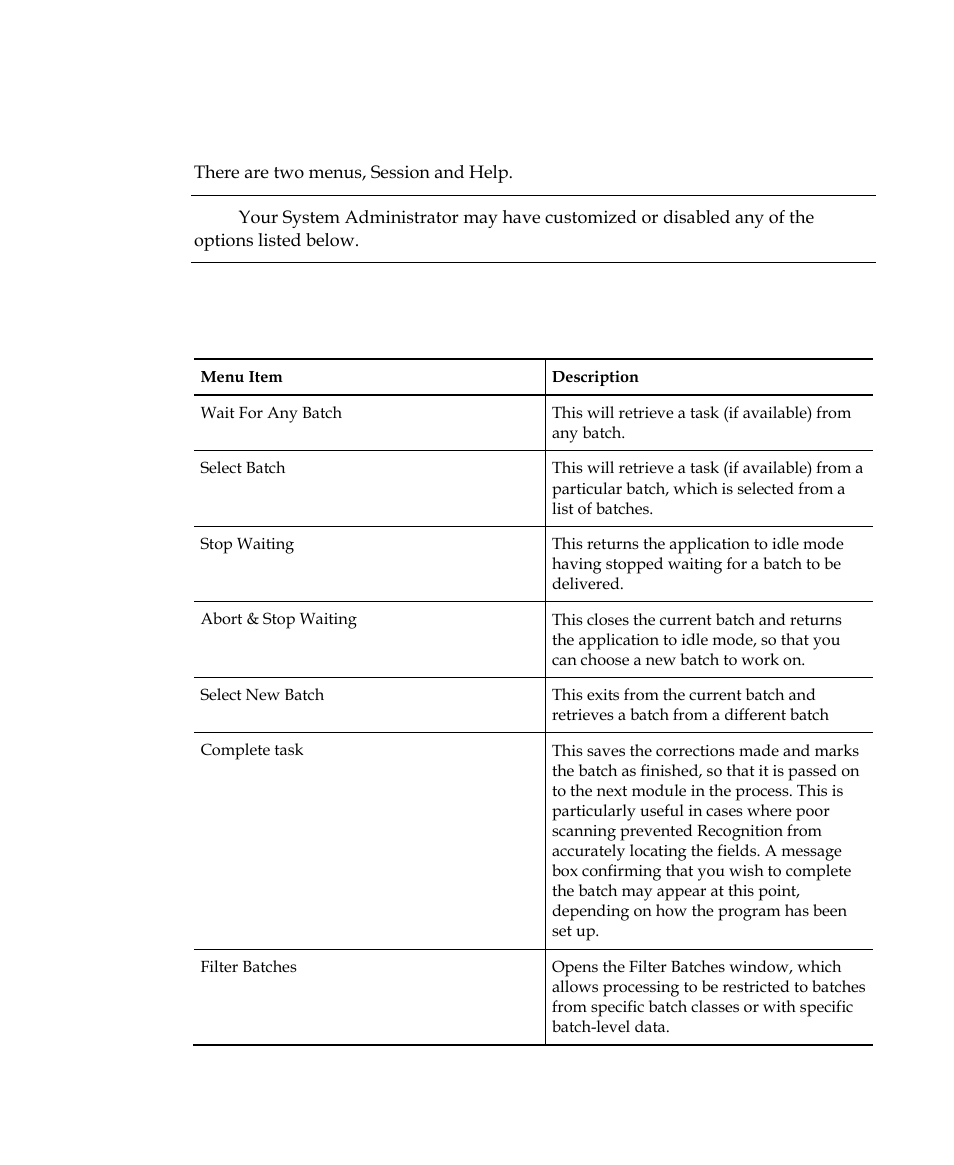 Menu bar, Session menu | Kofax INDICIUS 6.0 User Manual | Page 65 / 120